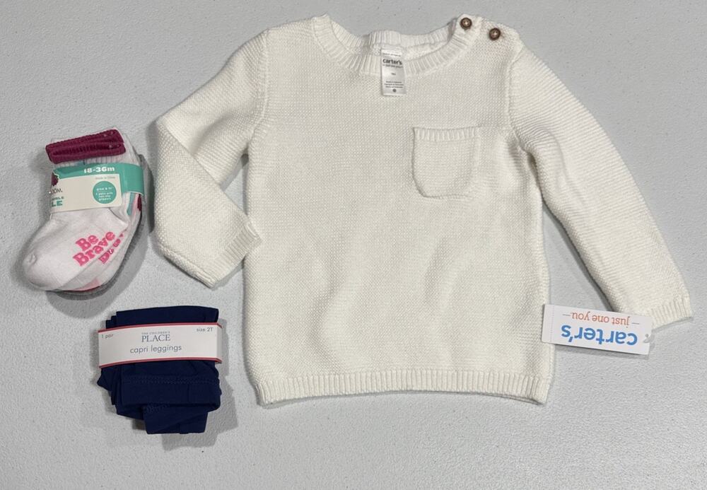 Baby Girls 18M Sweater, Socks, Leggings Carters Place Fruit of the loom White Bl